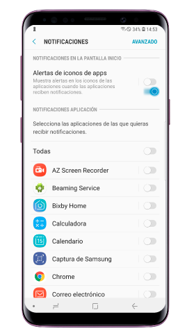 Desliza el interruptor para activar “Alertas de iconos de apps”