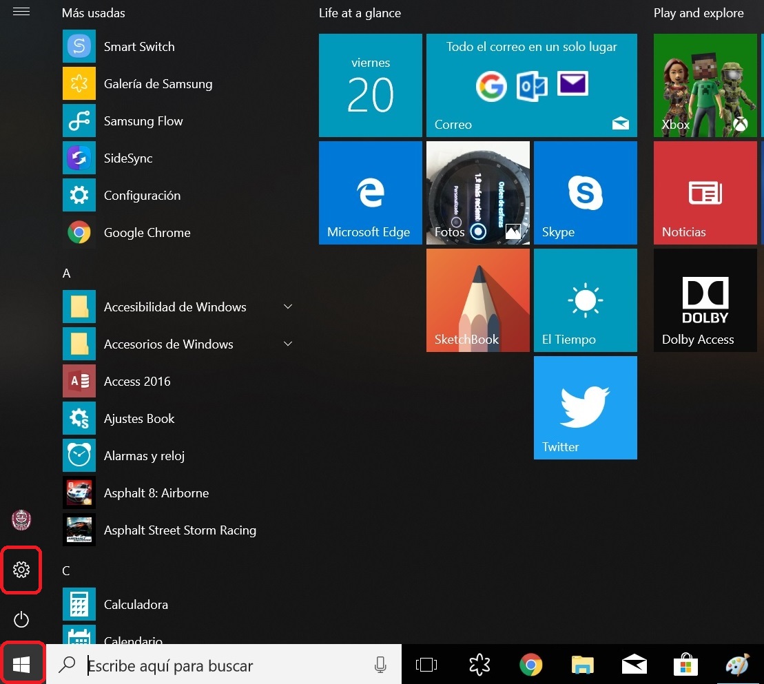Haz clic en el botón Inicio en la barra de tareas y después pincha en Configuración de Windows