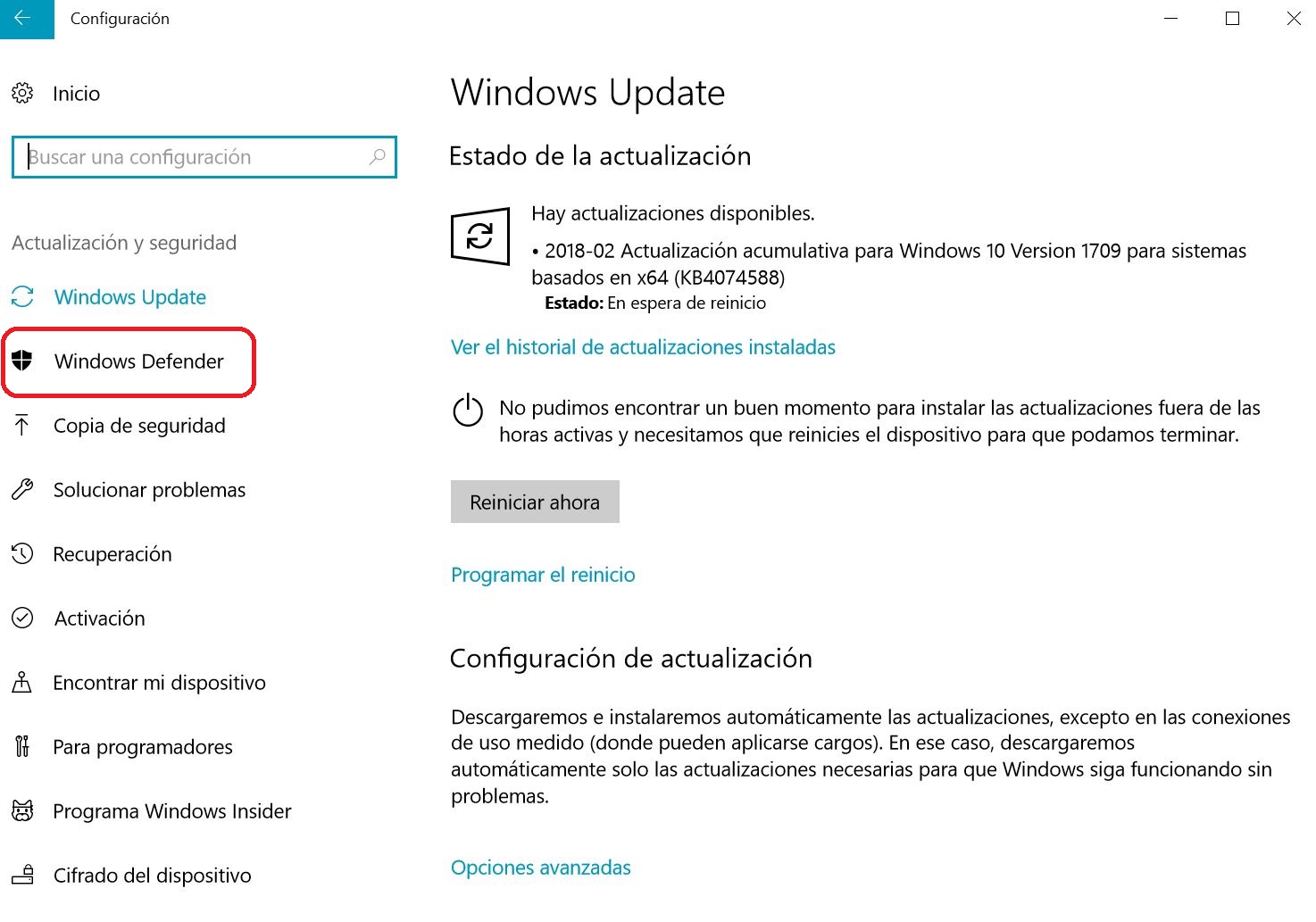 Selecciona Windows Defender