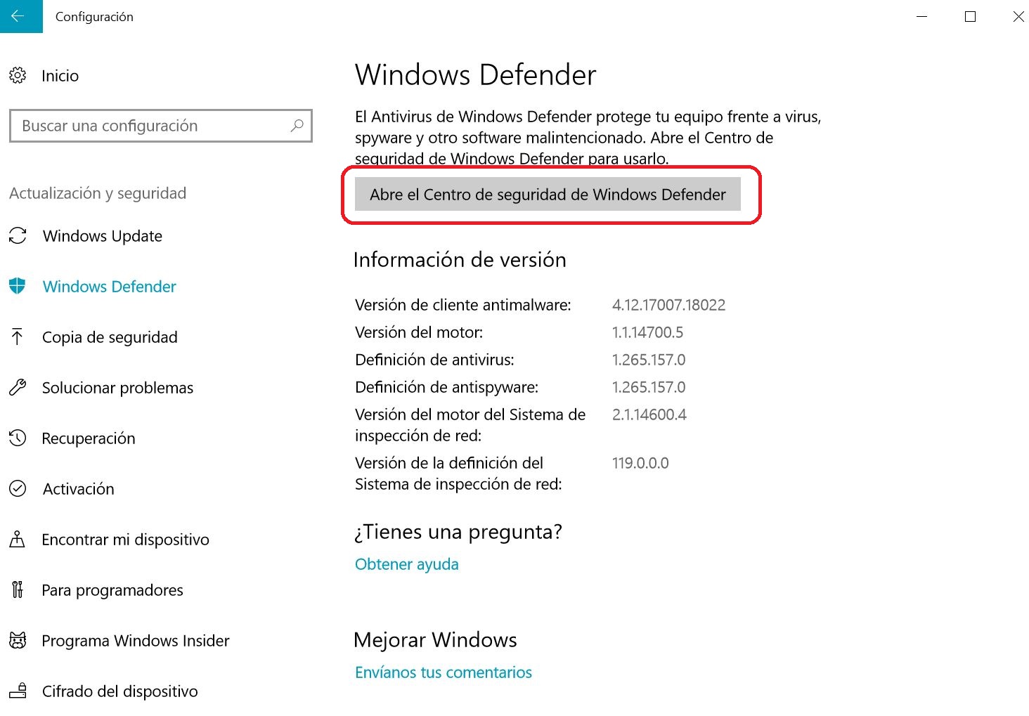 Haz clic en Abre el Centro de seguridad de Windows Defender