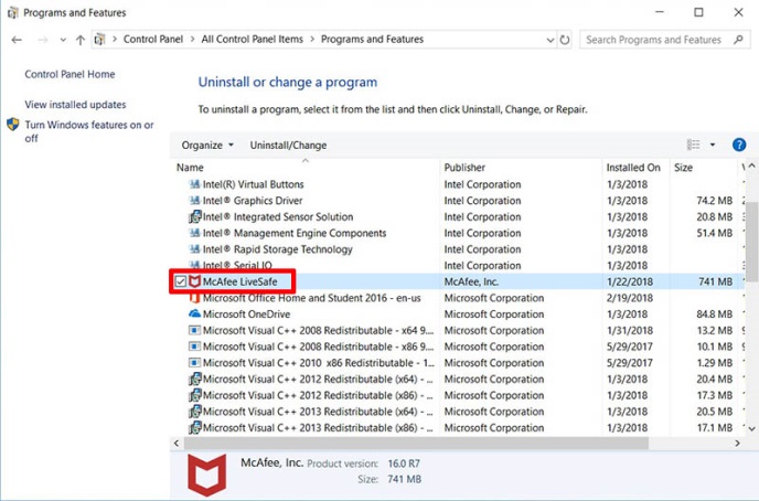 Haz doble clic en McAfee LiveSafe para eliminar el programa