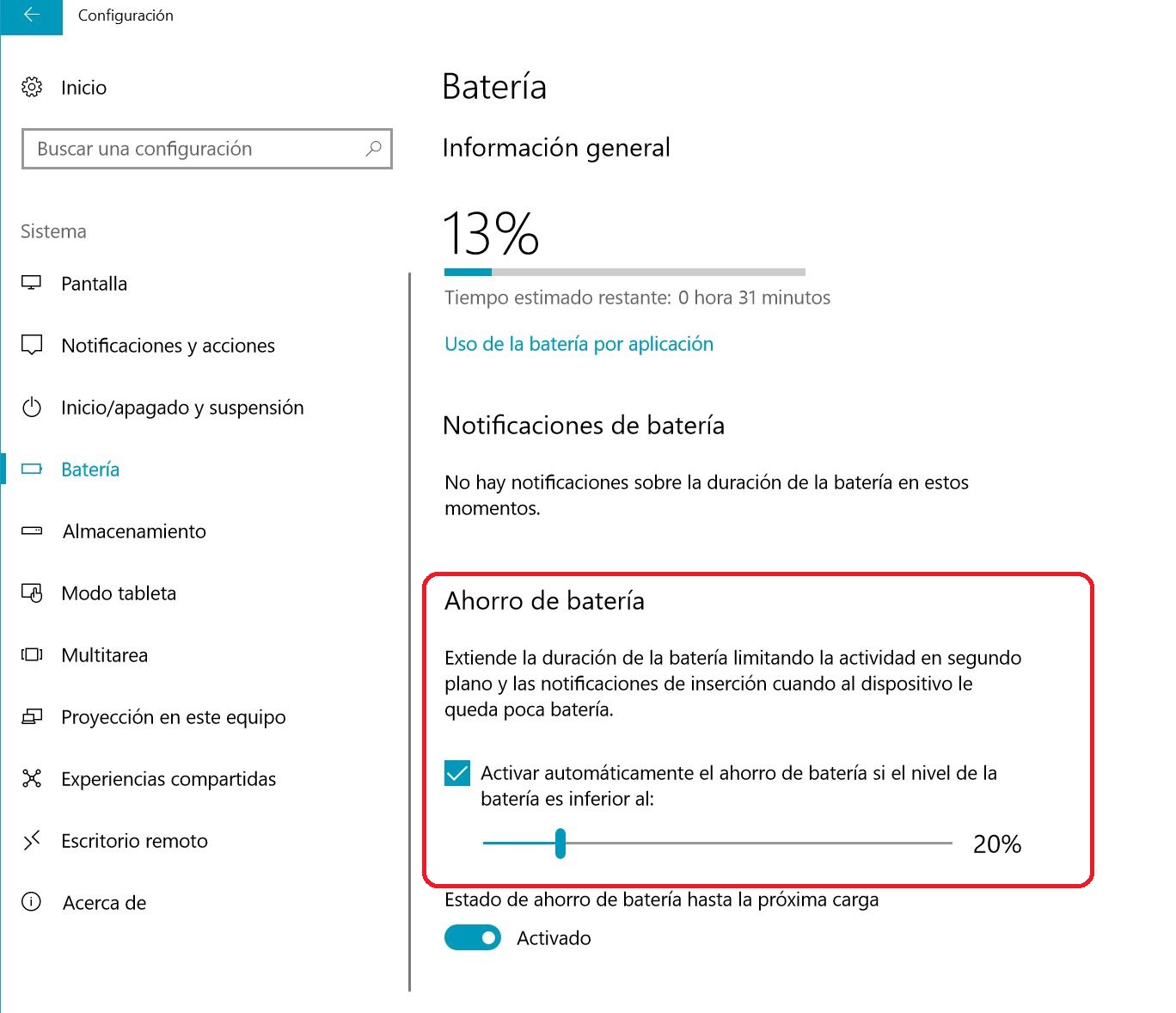 Para activar el ahorro de energía siempre que el nivel de la batería caiga por debajo de cierto porcentaje