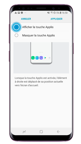 Sélectionnez Afficher la touche Applis et appuyez sur Appliquer
