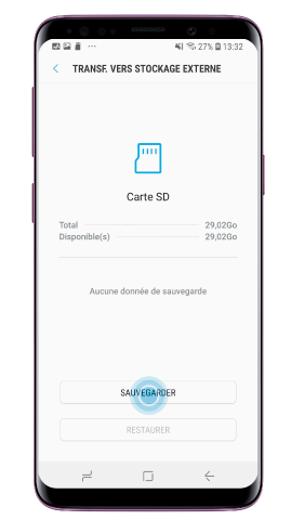Appuyez sur « Plus », « Transfert de stockage externe » puis « Sauvegarder »