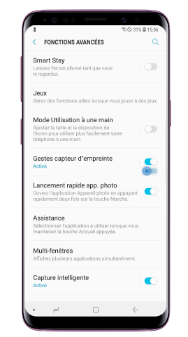 Faites glisser le bouton pour désactiver l’option Gestes capteur d’empreinte