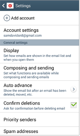 How do I change email account settings on my Samsung Galaxy Note10.1, 8.0 or 7.0?