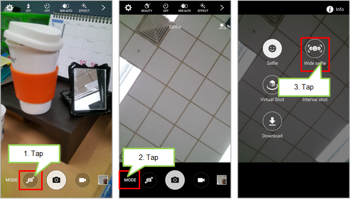 How do I take images by Wide Selfie mode using front camera on Galaxy S6/S6 edge?