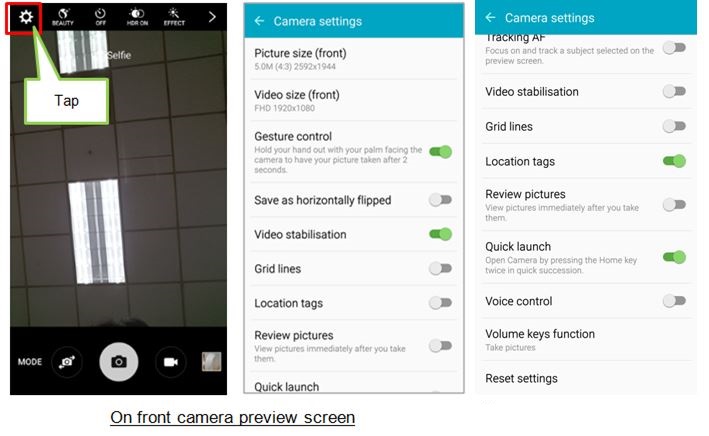 What setting options are supported in front camera of Galaxy S6/S6 edge?