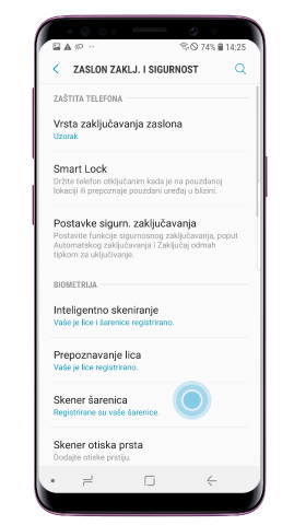 Dodirnite „Skener šarenica“ i postavite uzorak, PIN ili lozinku