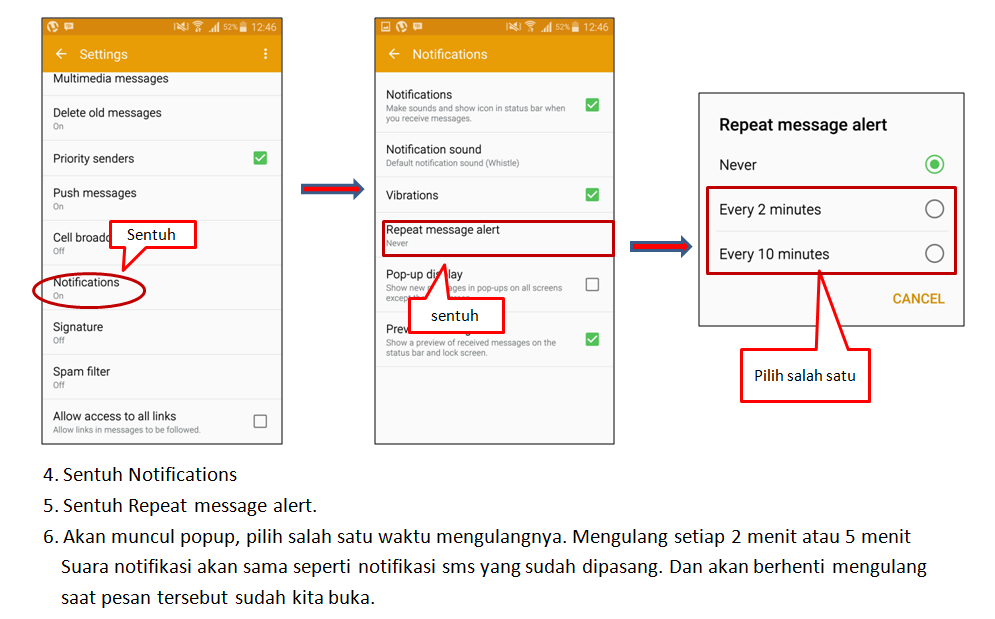 Cara mengaktifkan notifikasi berulang untuk pesan