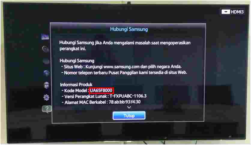 Bagaimana melihat Nomor Seri selain dari belakang unit, jika TV terpasang di dinding?
