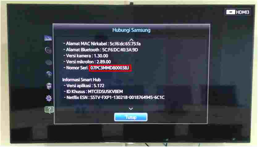 Bagaimana melihat Nomor Seri selain dari belakang unit, jika TV terpasang di dinding?