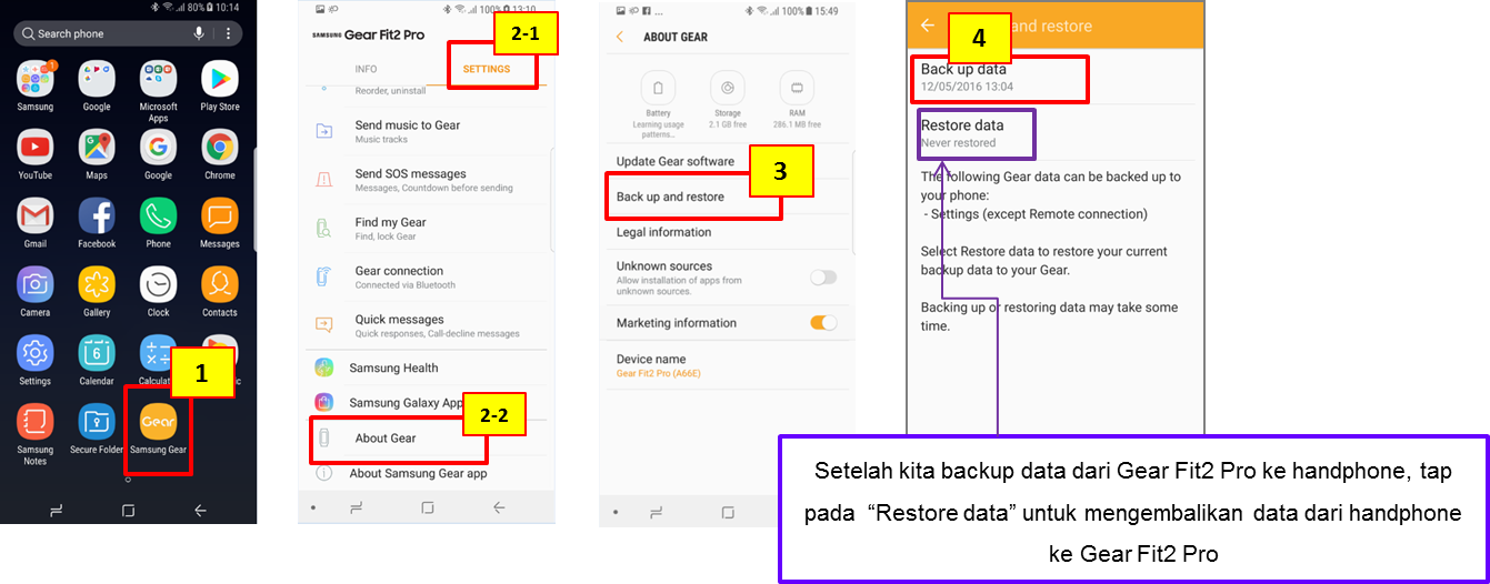 Bagaimanakah cara back up data yang disimpan pada Gear Fit2 Pro?