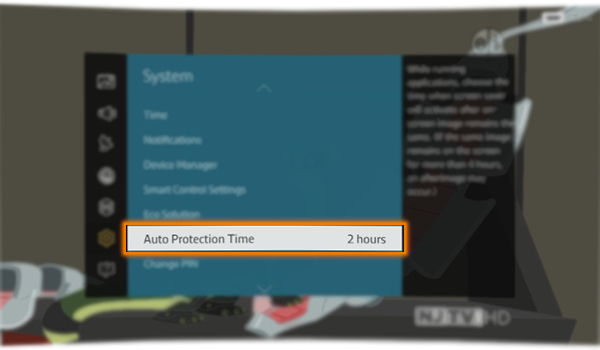 Selectati Timp protectie automata. Daca aceeasi imagine este afisata pe ecran mai mult decat timpul selectat, atunci televizorul activeaza functia pentru protectie automata ecran