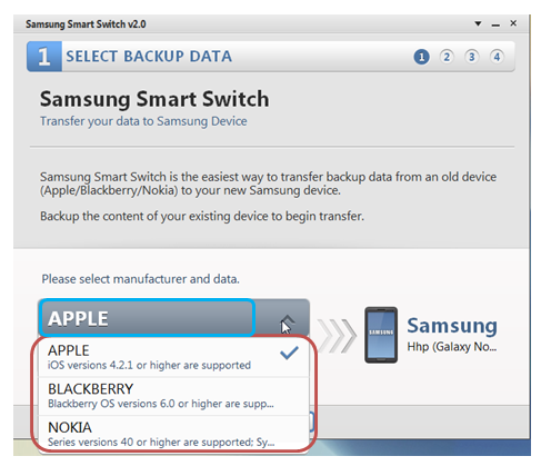 Seleziona la marca del vecchio telefono dall'elenco che compare dopo che si clicca sulla barra in grigio con la scritta Apple