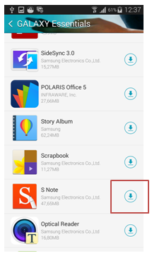 Trascina l'elenco delle applicazioni e seleziona poi l`icona download accanto a S Note
