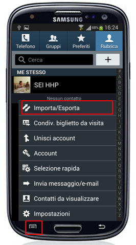 Premi sul tasto menu in basso a sinistra e seleziona "Importa/Esporta"