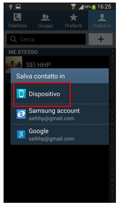 Salva contatto in "Dispositivo"