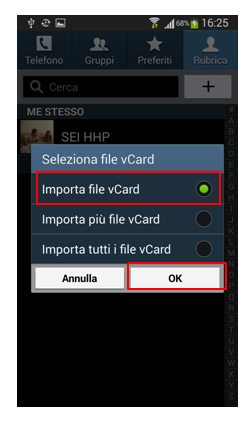 Seleziona file vCard e quindi premi "OK"