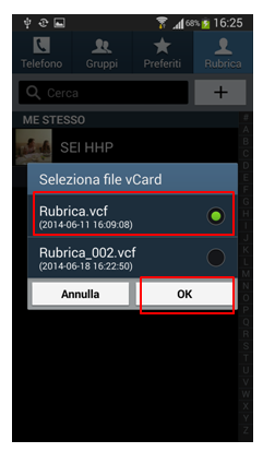 Seleziona file vCard e quindi premi ok 2