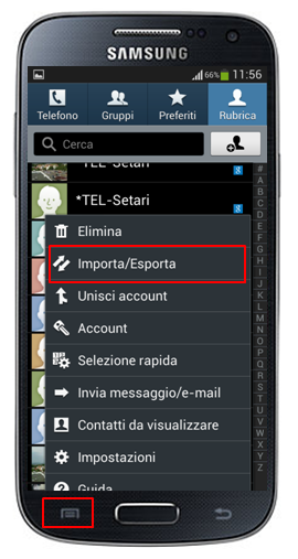 Premi tasto menu in basso a sinistra e seleziona "Importa/Esporta"