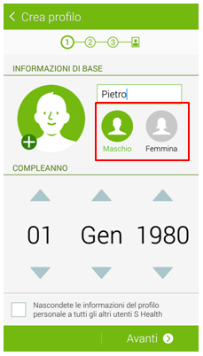 Personalizzazione informazioni S Health