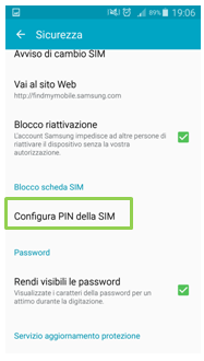 Sezione Configura PIN della SIM