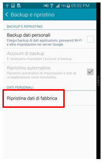 Seleziona Ripristino dati di fabbrica