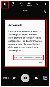 Per attivare la funzionalità di avvio rapido, vai su Impostazioni Fotocamera oppure sulla rotellina dentata