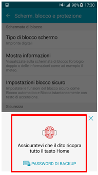 Dopo che premi su Impronte digitali devi inserire la tua impronta/password di backup per poter procedere