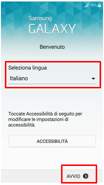 Nella prima schermata compare la lingua da selezionare. In automatico dovresti avere "Italiano", altrimenti seleziona la lingua manualmente. Premi Avvio