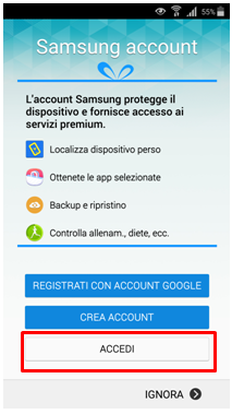 Inserisci ora l`account Samsung