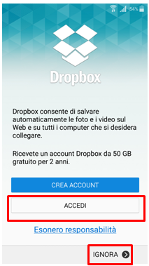 Dopo aver configurato l`account Samsung viene chiesta la configurazione per l`account di Dropbox