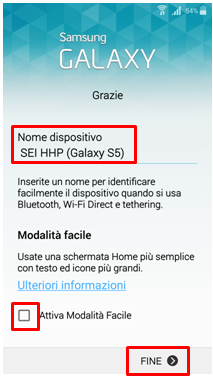 Se desideri, puoi decidere di usare il dispositivo in Modalità Facile. Per completare la procedura di configurazione, premi FINE