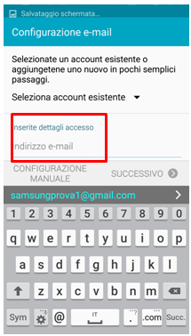 Selezionando la voce Email, potrai inserire il tuo indirizzo di posta elettronica e relativa password di accesso
