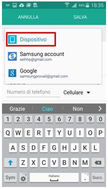 I contatti possono essere aggiunti direttamente sul Dispositivo