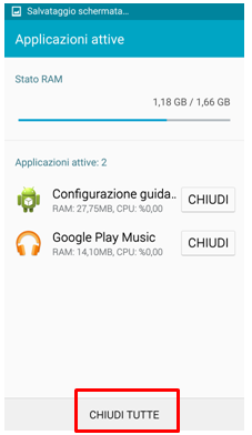 Scegli chiudi tutte per chiuderle tutte oppure clicca sulle x sulla destra in corrispondenza delle applicazioni che desideri chiudere