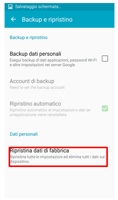 Seleziona Ripristina dati di fabbrica