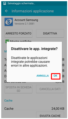Si consiglia di non disattivare applicazioni di sistema in quanto potrebbero causare degli errori