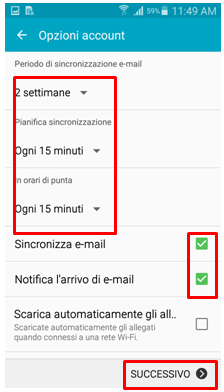 potrai scegliere le impostazioni di sincronizzazione dal menu Opzioni account