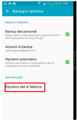 Seleziona Ripristina dati di fabbrica