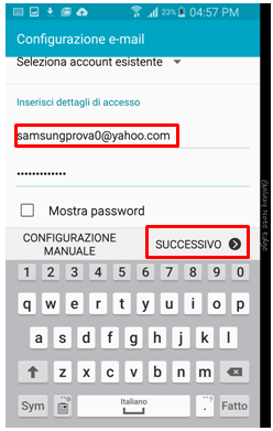 Selezionando la voce Email, potrai inserire il tuo indirizzo di posta elettronica e relativa password di accesso