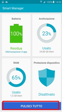 seleziona nella schermata iniziale di Smart Manager l'opzione Pulisci Tutto