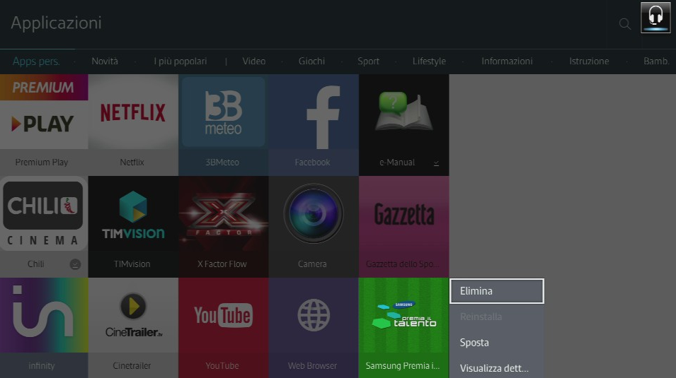 Menù opzioni Smart TV