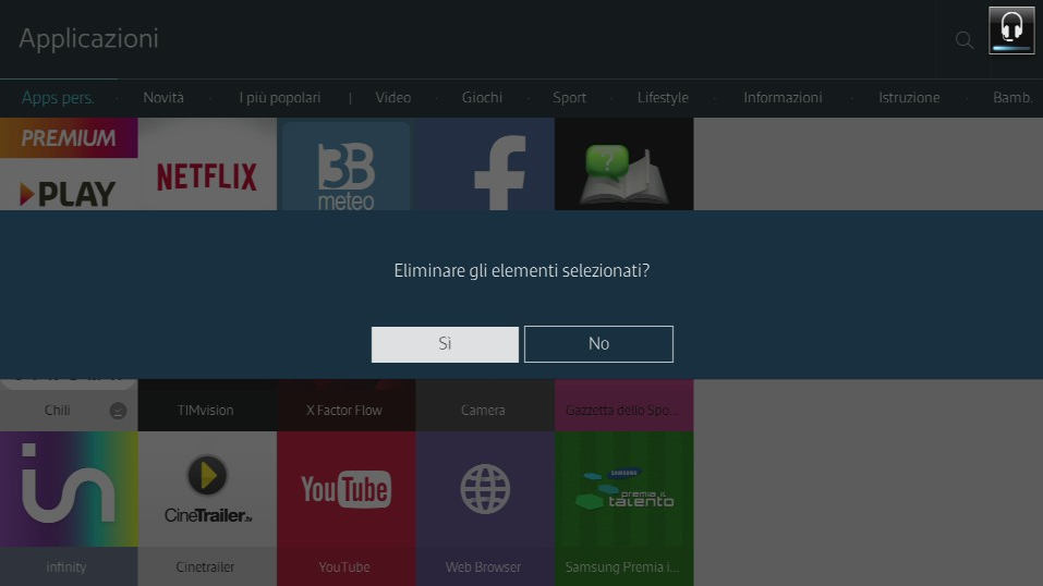 Schermata cancellazione applicazioni Smart TV