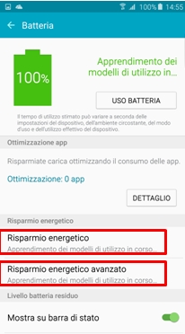 Se la percentuale della batteria é bassa, puoi attivare l'opzione di Risparmio energetico