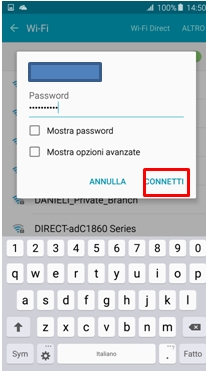 Inserisci la password della rete e poi vai su connetti