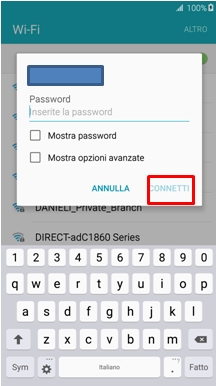 Al termine dell'inserimento password, scegli Connetti