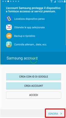 Inserisci ora l`account Samsung. Anche qui puoi scegliere di inserirlo subito oppure in seguito