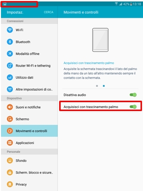Una volta attivata la funzione con trascinamento della mano, potrai fare screenshot
